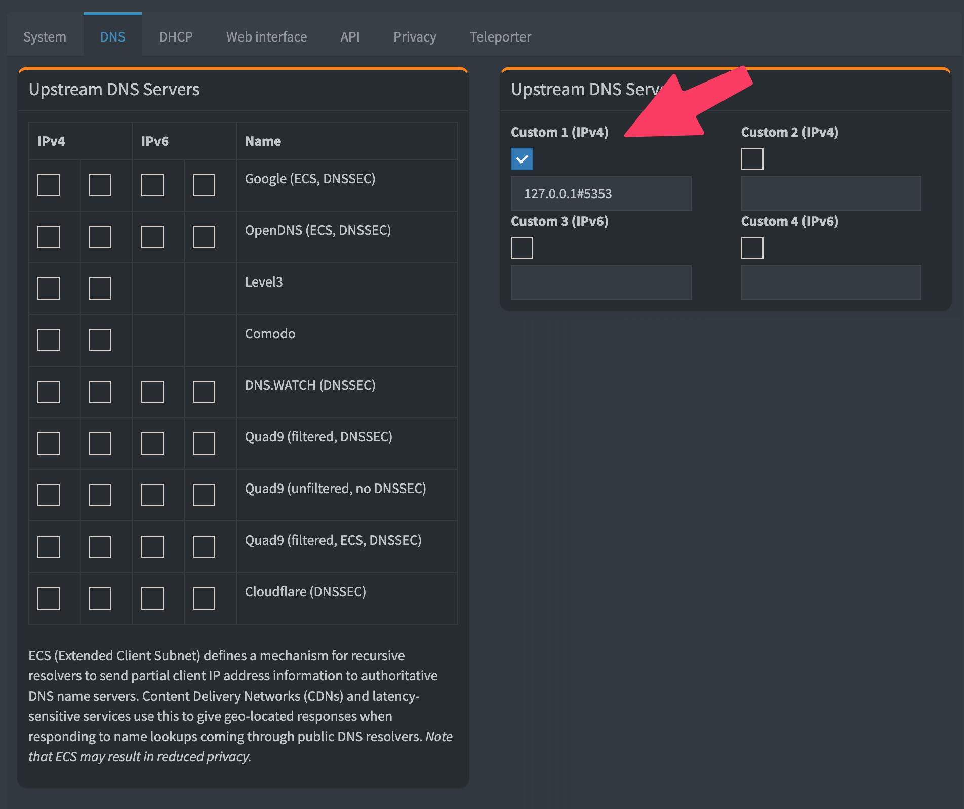 Screenshot of Pi-hole configuration